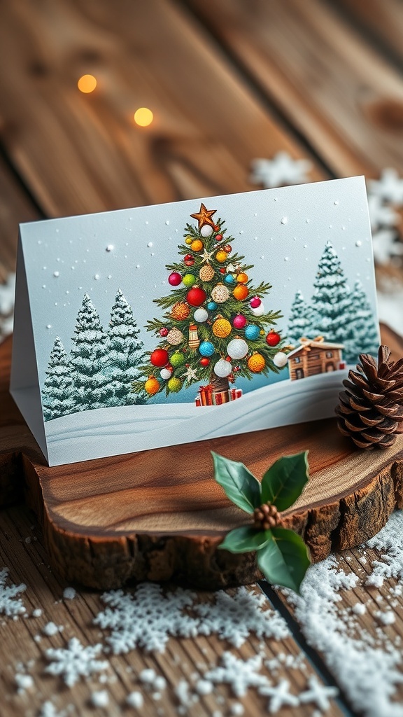 A festive Christmas card with a snowy scene and a decorated tree on a wooden table with pinecones.
